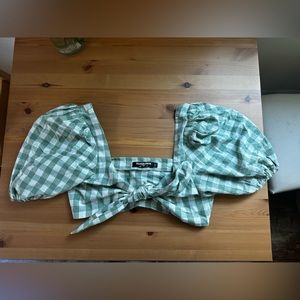Tie-Front Puff Sleeve Gingham crop top